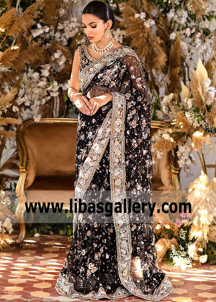 Black Hippeastrum Designer Wedding Saree