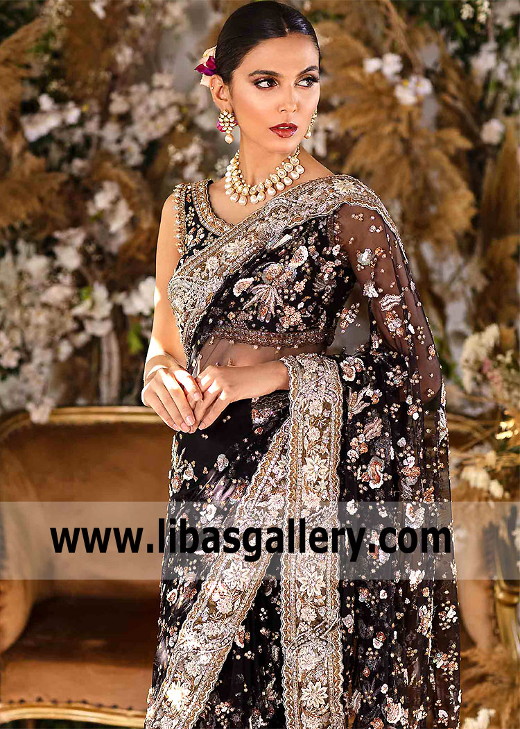 Black Hippeastrum Designer Wedding Saree