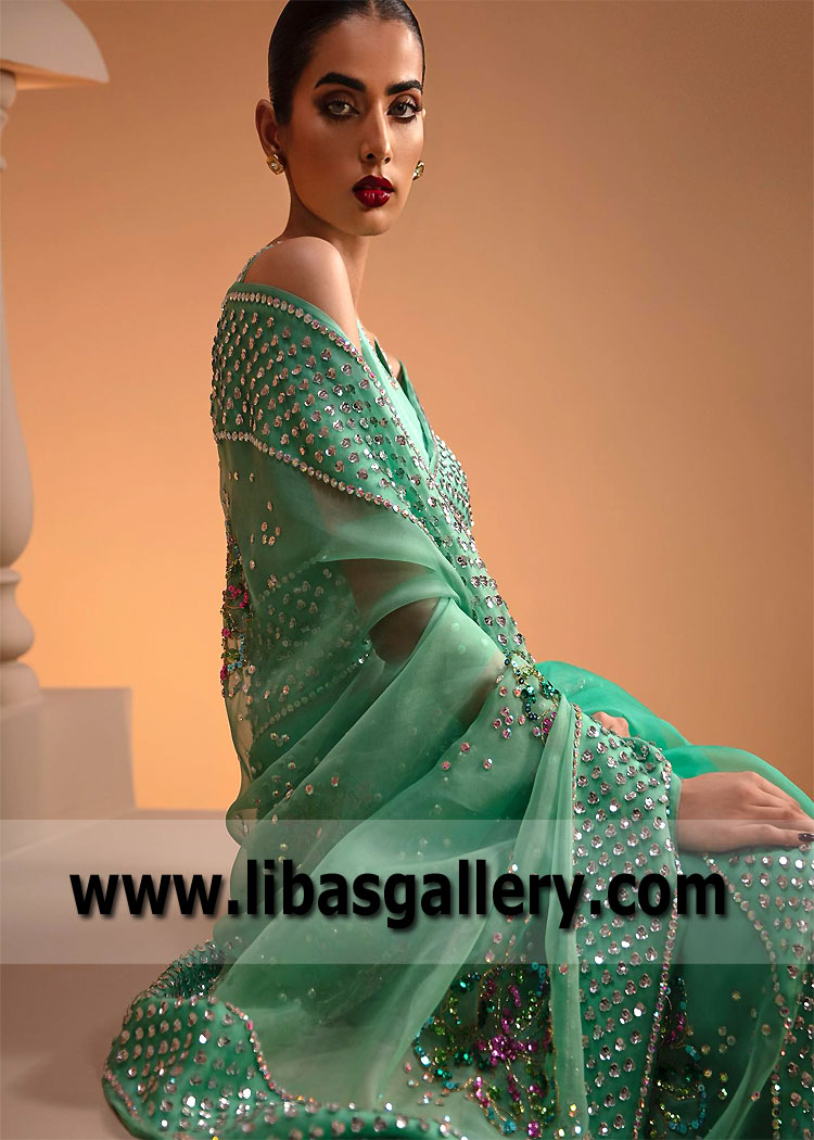 Caribbean Green Bloom Saree for Bridal Party Event