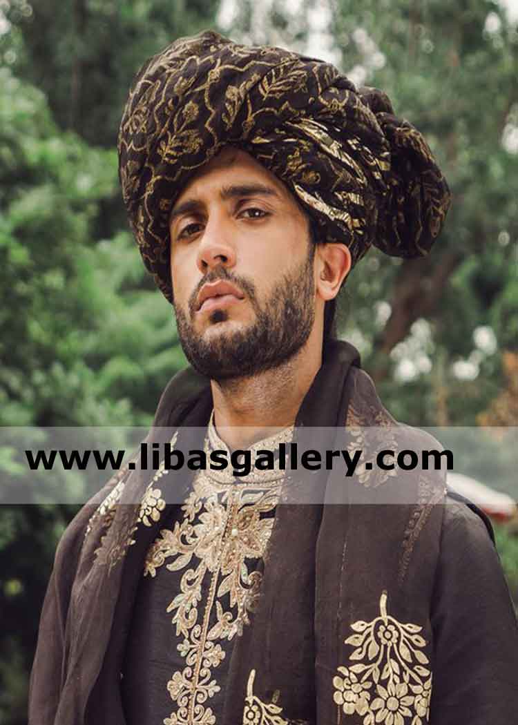 Black Embroidered Wedding Turban