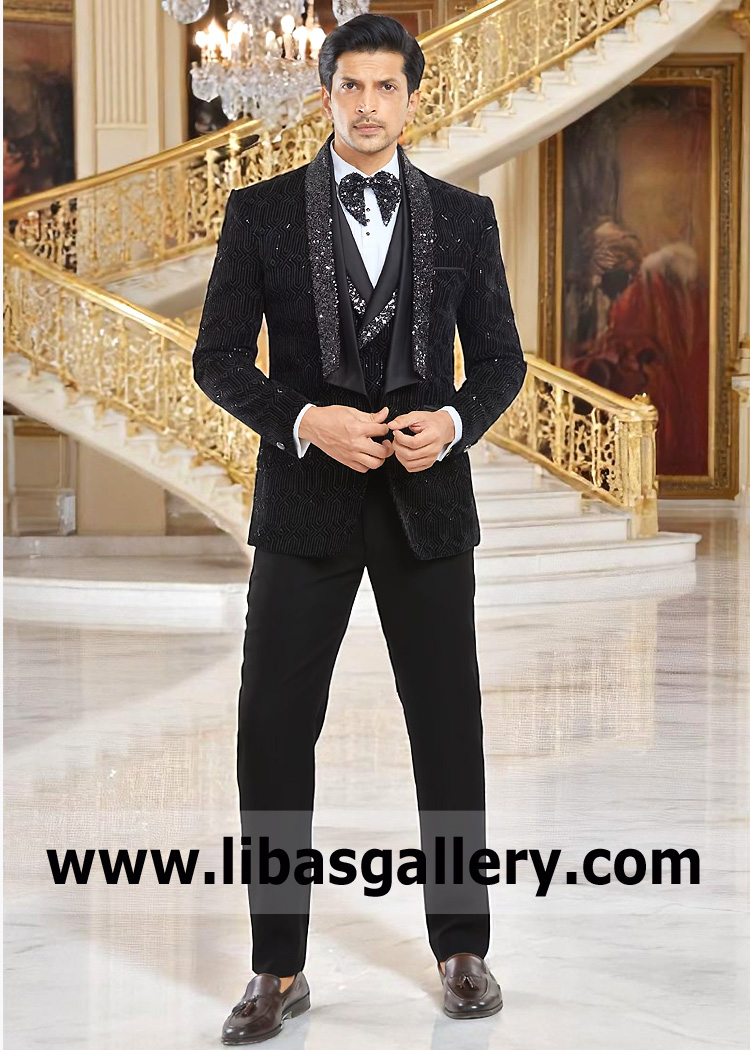 Geometric Embroidered Black Velvet Tuxedo Suit