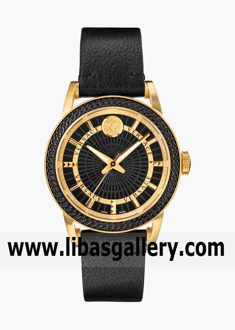 VERSACE NEW GOLD BLACK LEATHER WATCH FOR MEN