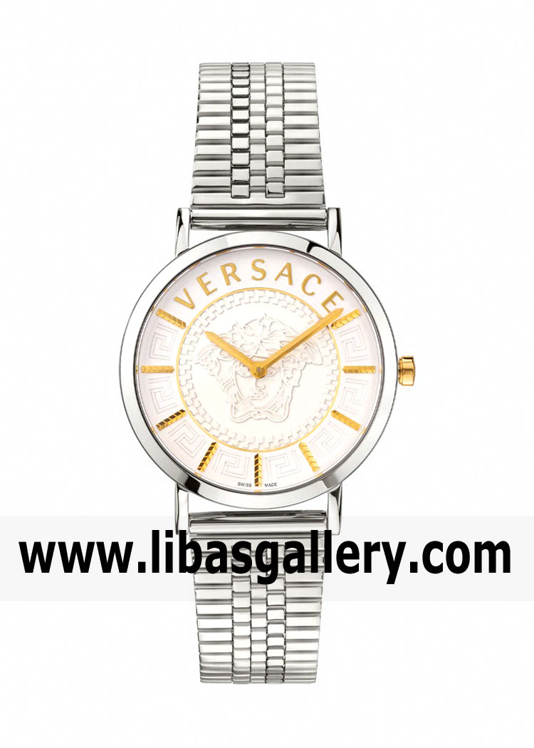 VERSACE NEW V-ESSENTIAL LADIES QUARTZ SILVER GUILLOCHE DIAL WITH GOLD TONE