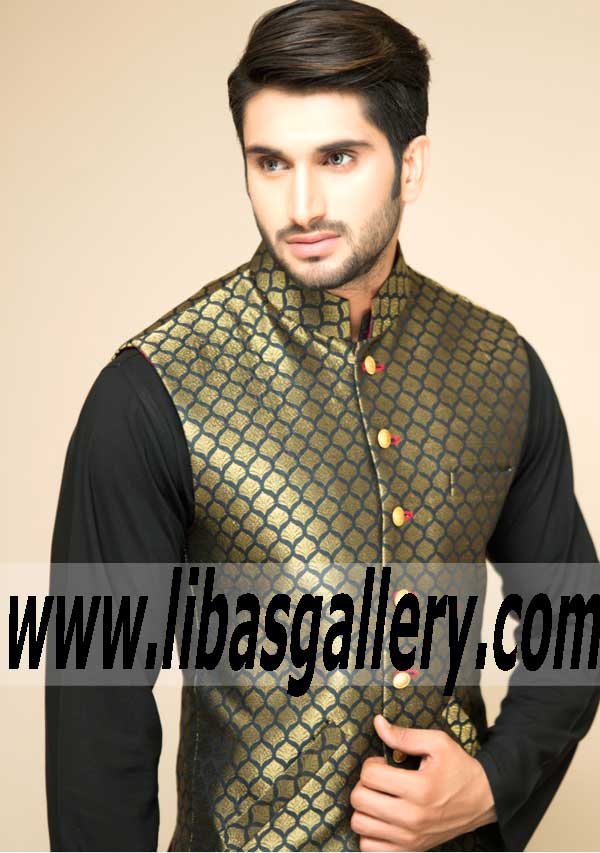 Green jamawar gold booti design Waistcoat Style for men
