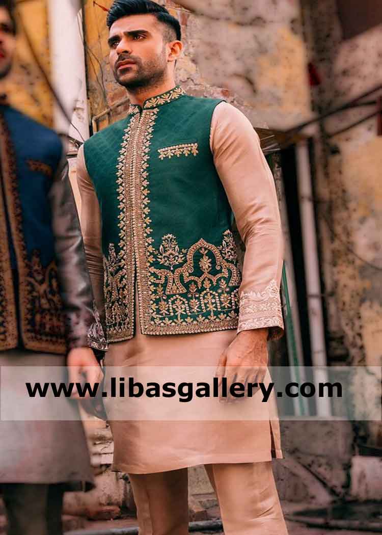 Green Jamawar Gents Embroidered Wedding jacket sleeveless