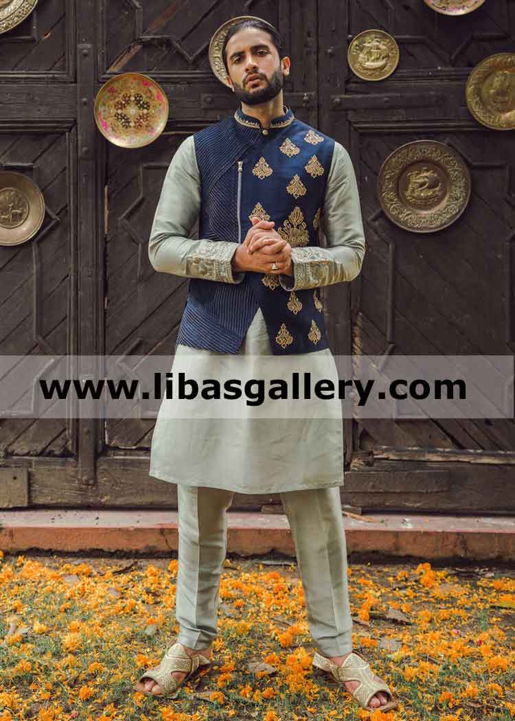 Angrakha style blue embroidered gents wedding waistcoat