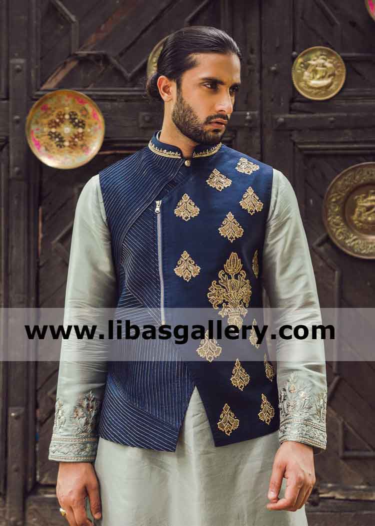 Angrakha style blue embroidered gents wedding waistcoat