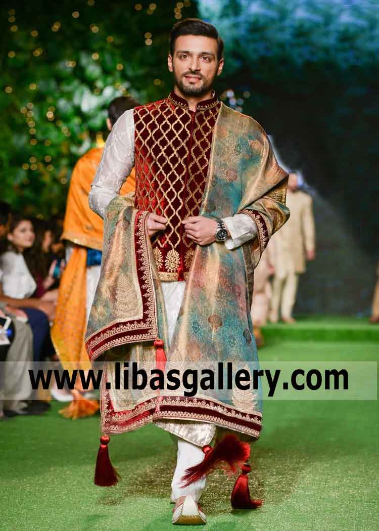 Velvet Red Embroidered Wedding Vest for Man and Teen Boys