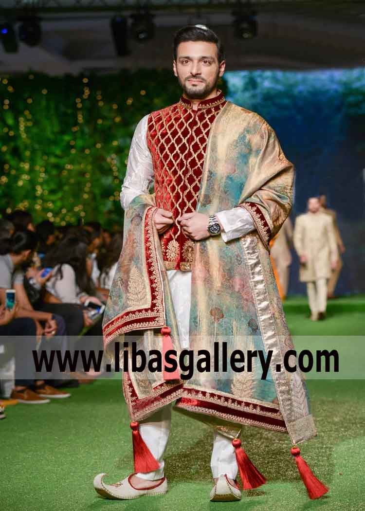 Velvet Red Embroidered Wedding Vest for Man and Teen Boys