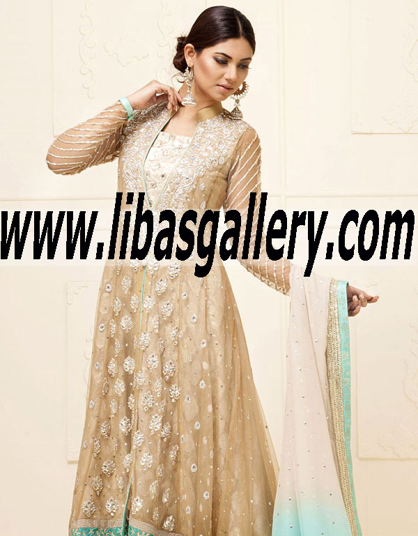 Zainab Chottani BEIGE FLOOR LENGTH NET JACKET