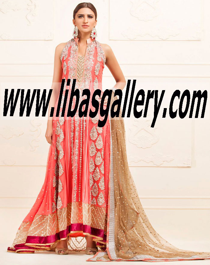 Zainab Chottani CORAL EMBROIDERED CHIFFON DRESS