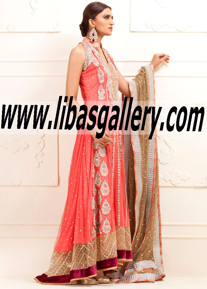 Zainab Chottani CORAL EMBROIDERED CHIFFON DRESS