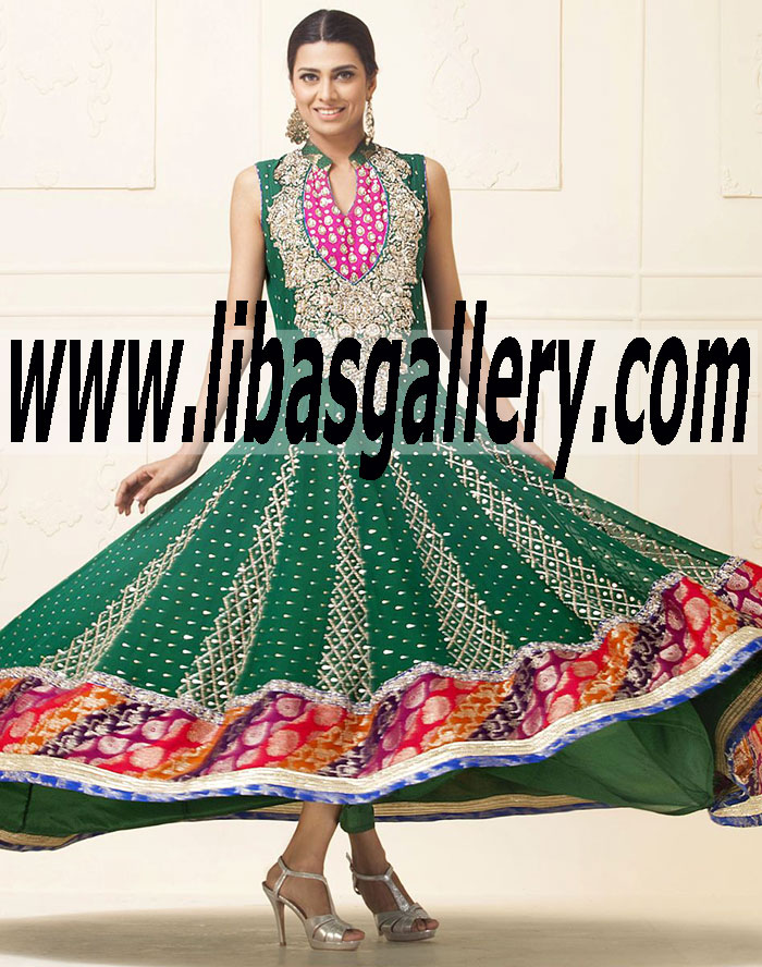 Zainab Chottani EMERALD GREEN CHIFFON JAMAWAR DRESS