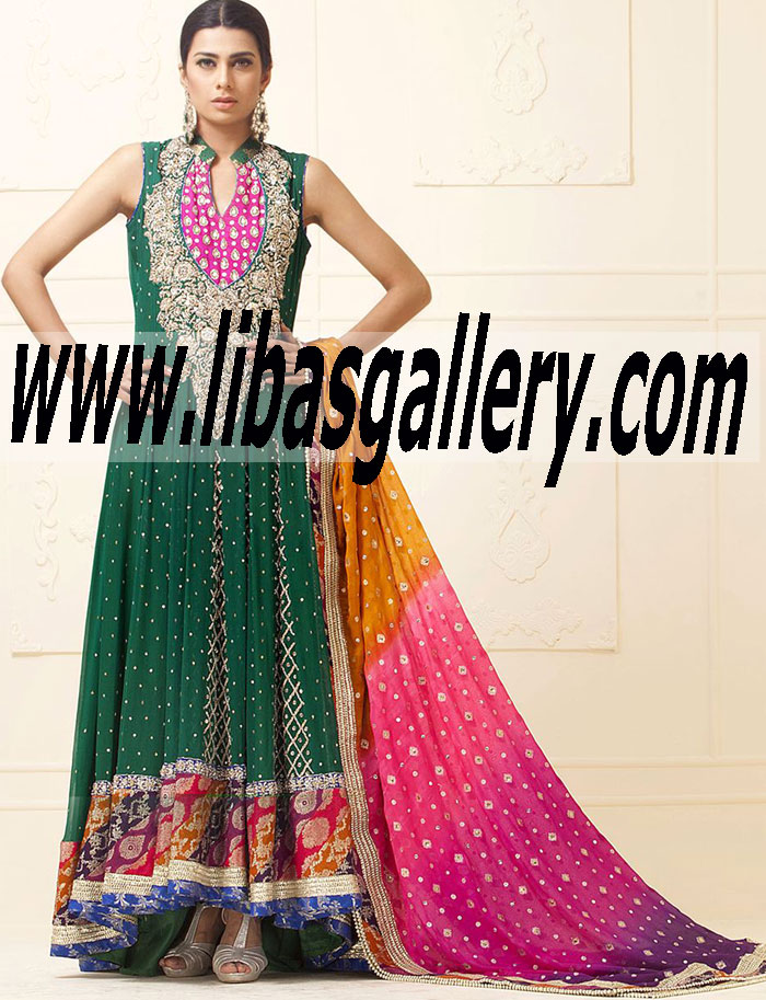 Zainab Chottani EMERALD GREEN CHIFFON JAMAWAR DRESS