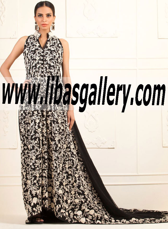 Zainab Chottani FRONT OPEN BLACK NET DRESS