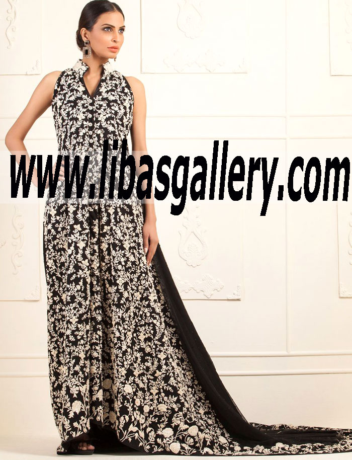 Zainab Chottani FRONT OPEN BLACK NET DRESS