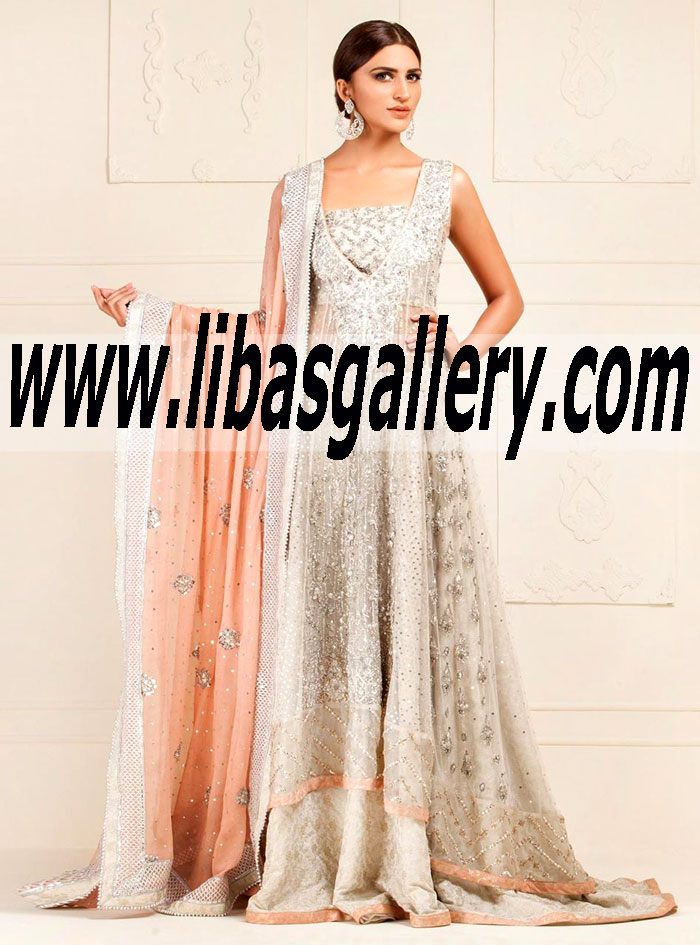 Zainab Chottani IVORY NET FULLY HAND EMBROIDERED DRESS