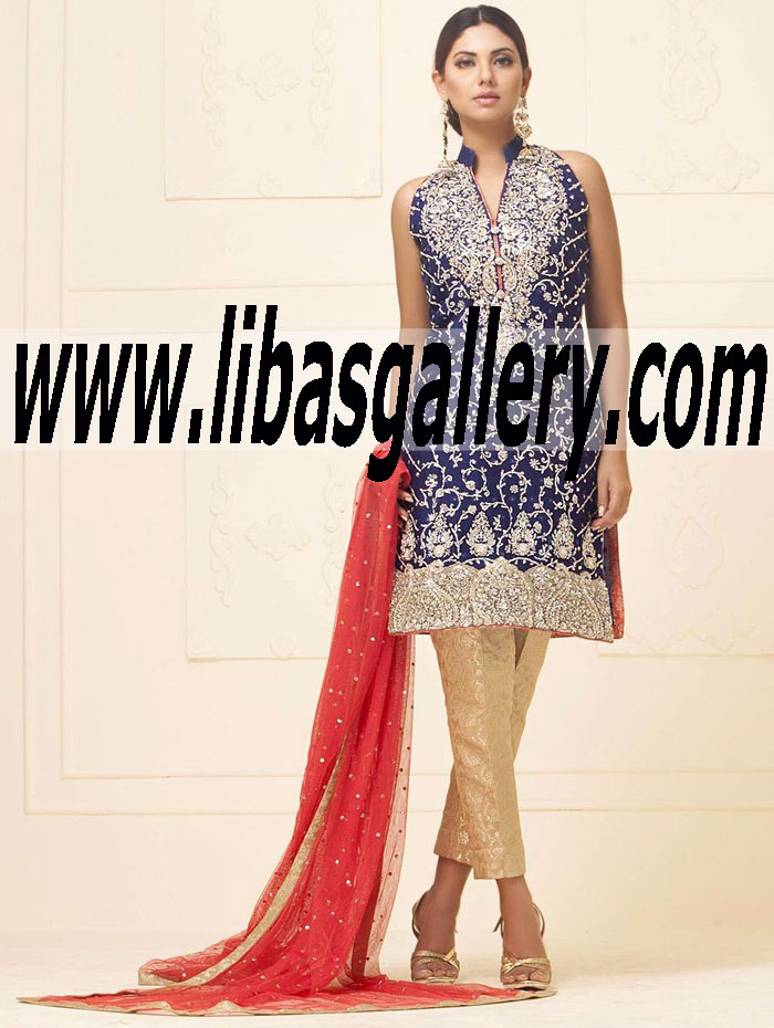 Zainab Chottani NAVY BLUE KHADDI NET DRESS