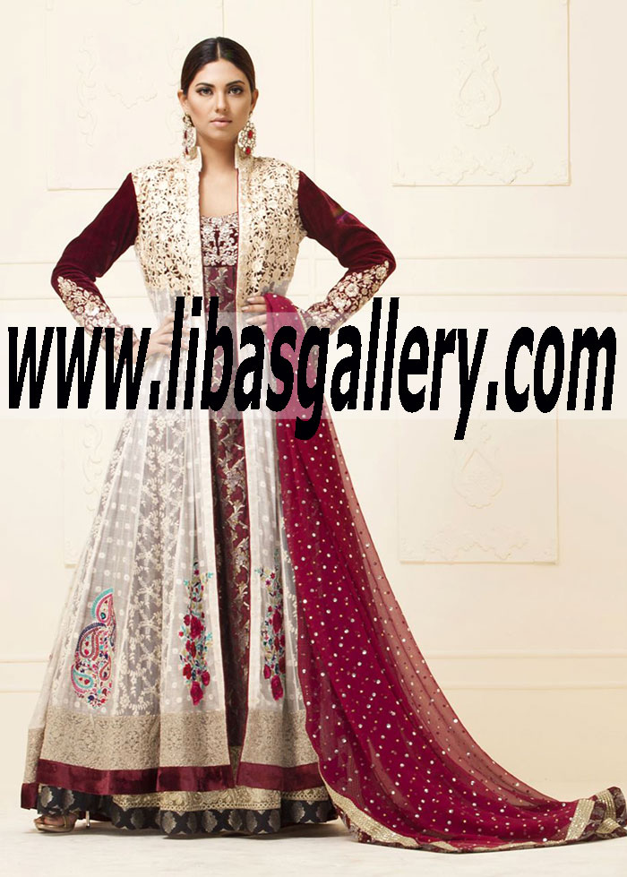 Zainab Chottani WHITE FLOOR LENGTH NET PANELED JACKET