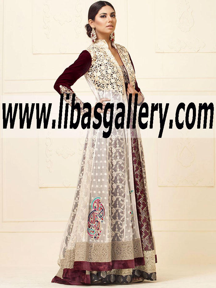 Zainab Chottani WHITE FLOOR LENGTH NET PANELED JACKET