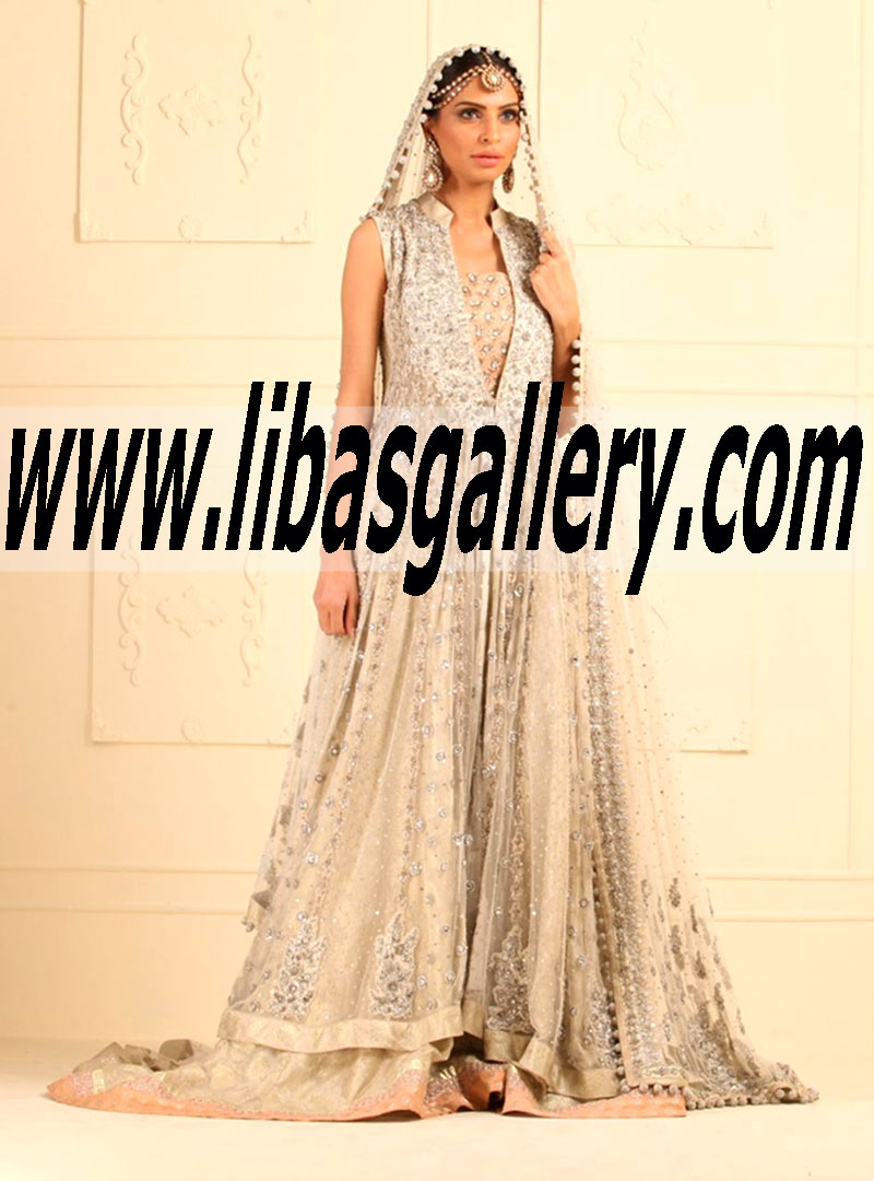 Zainab Chottani BRIDAL IN IVORY FLOOR LENGTH NET PANELED JACKET