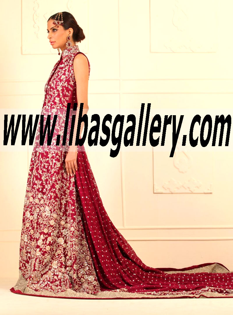 Zainab Chottani BRIDAL IN MAGENTA FLOOR LENGTH KHADDI NET FRONT OPEN DRESS