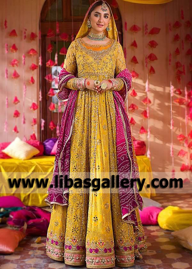 Saffron Iris Mehndi Mayoon Anarkali Bridal