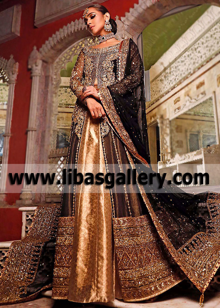 Black Gold Bergenia Bridal Anarkali Lehenga
