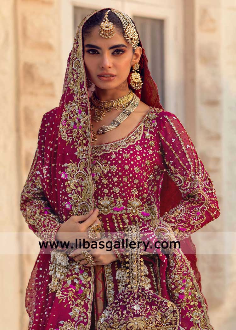 Anaari red kalidaar bridal hand embroidered with lehenga