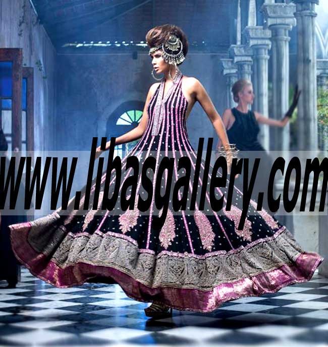 New New fall winter flared A line embellished Halter neck Wedding Anarkali Dress
