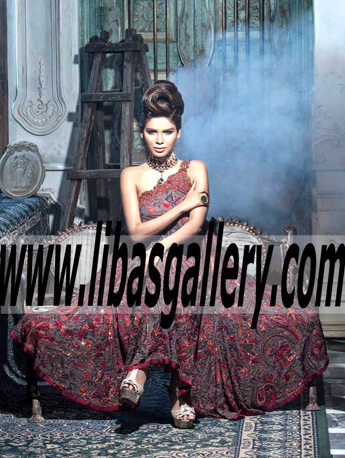 Delightful Floor Length One Shoulder flared A line Anarkali Bridal Dress for Formal and Evening Events