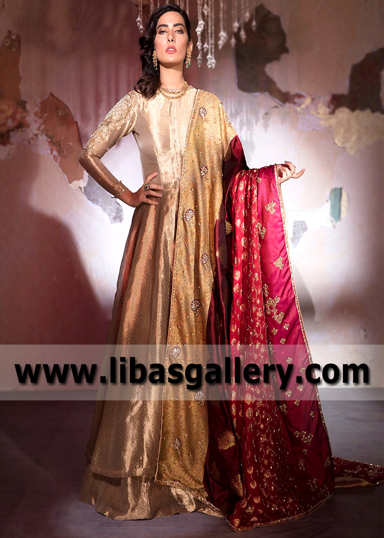 Champagne Cubanite Pishwas with Embellished Shawl