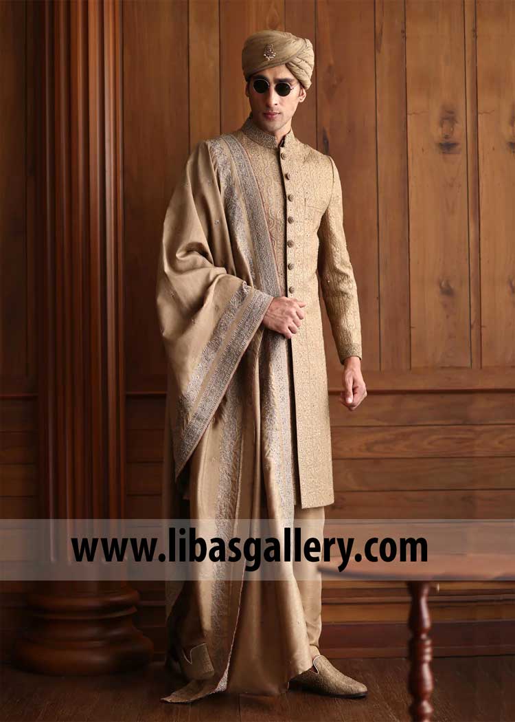 Men wedding shawl in Antique oak shade for wedding sherwani | Wedding Shawls