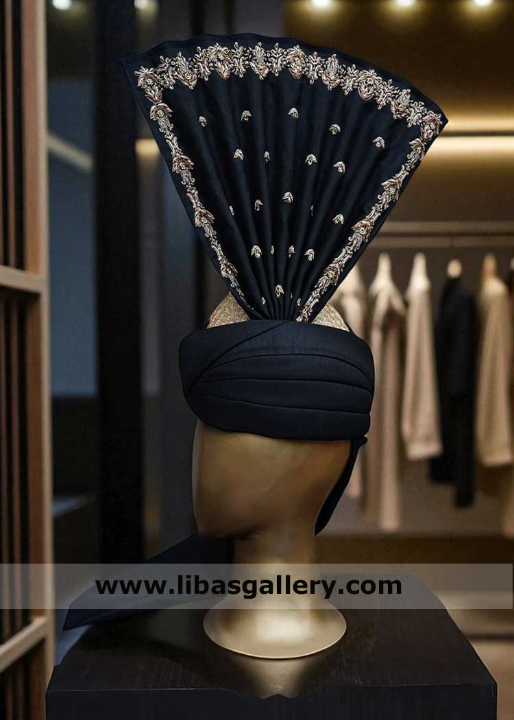 Black Gold embroidered kulla for nikah, Sherwani kulla black gold, Wedding Kulla for Dulha Sydney Edinburgh Dubai Ontario Texas