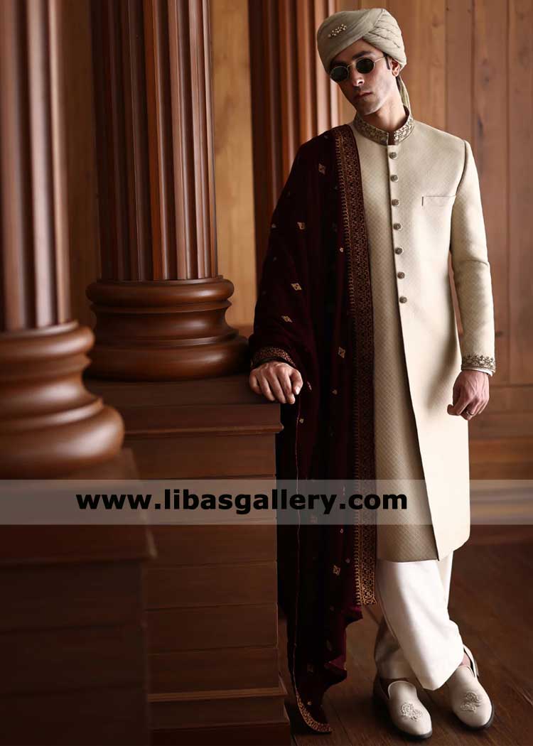 Wedding sherwani for Groom Nikah barat in self jamwar beige, classic  sherwani inner suit turban matching shoes maroon shawl UK USA Canada Dubai