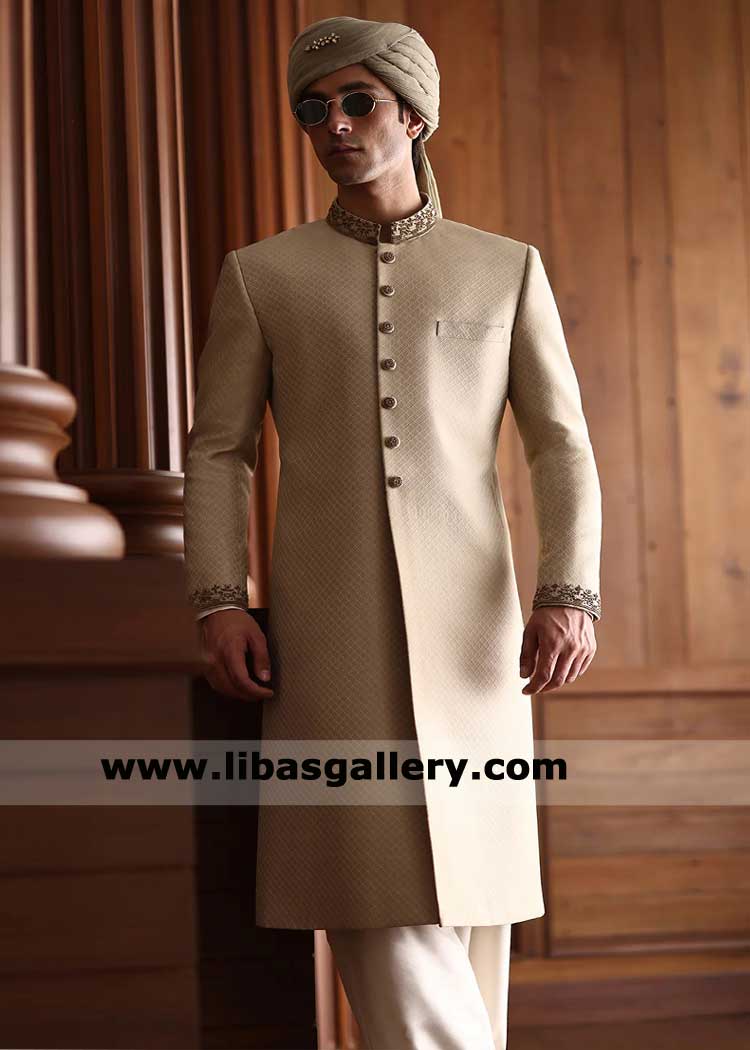 Beige Self Jamawar Groom Wedding Sherwani hand work