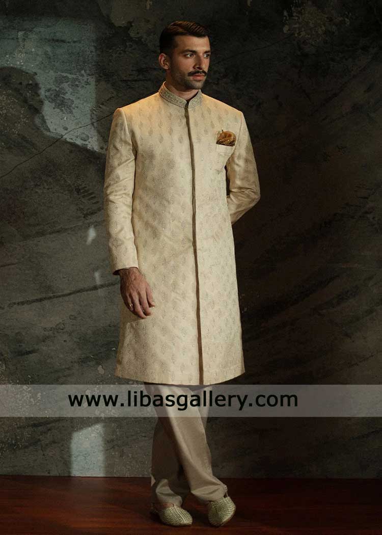 light beige embroidered jamawar groom wedding sherwani