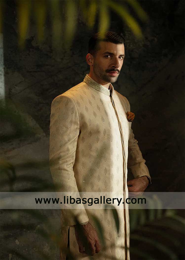 light beige embroidered jamawar groom wedding sherwani