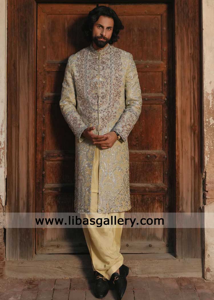 Luxury Beige Intricately Embroidered Groom Sherwani for Wedding Ceremony