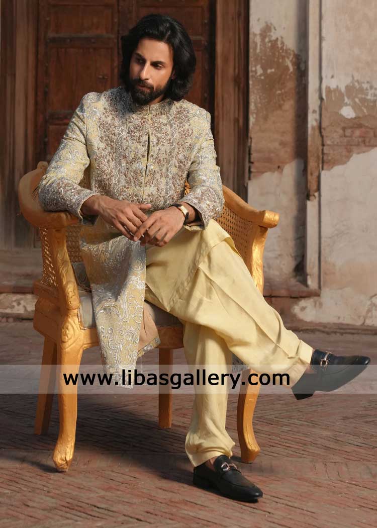 Luxury Beige Intricately Embroidered Groom Sherwani for Wedding Ceremony