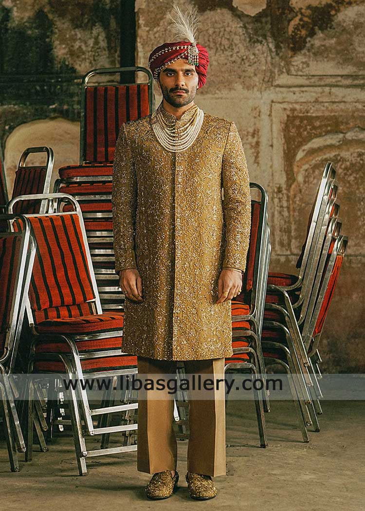 Groom beige hand embroidered Chicago USA Sherwani Style