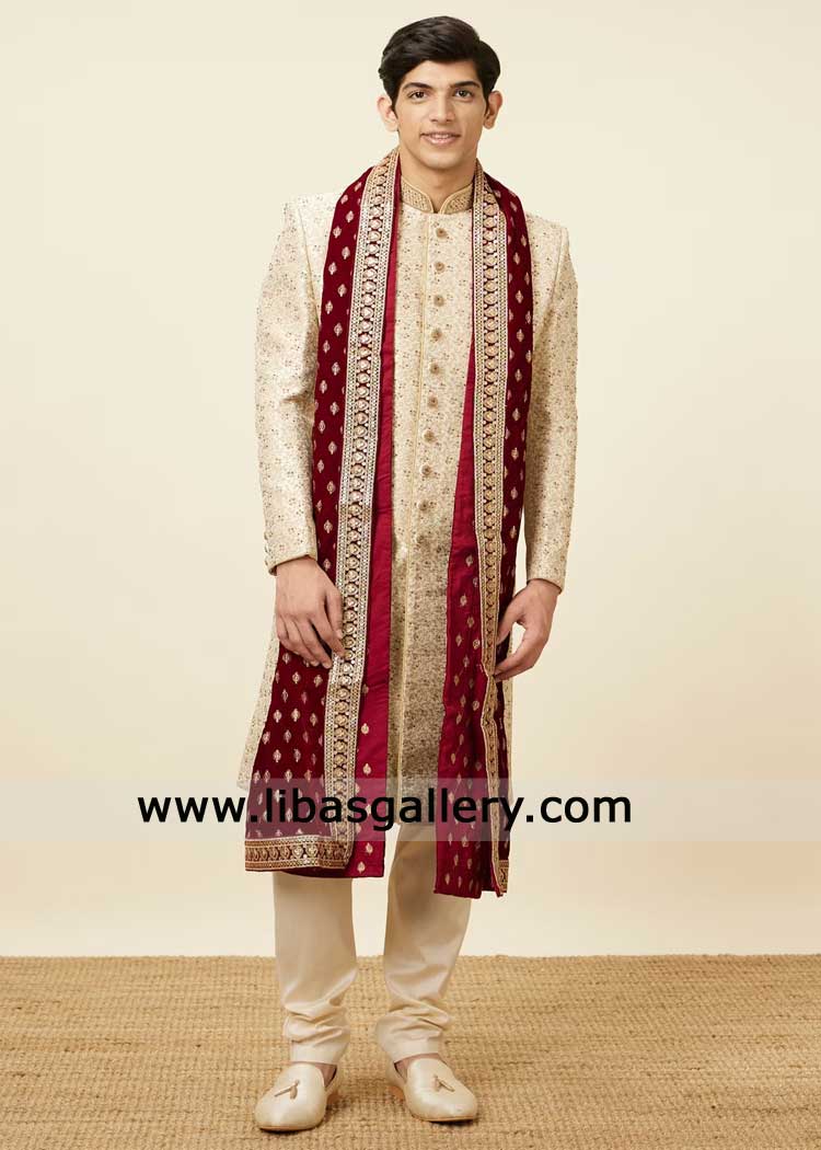 Beige Groom Sherwani with traditional bel buti embroidery, Mughal Inspired hand embroidered pattern Beige Nikah Wedding Sherwani
