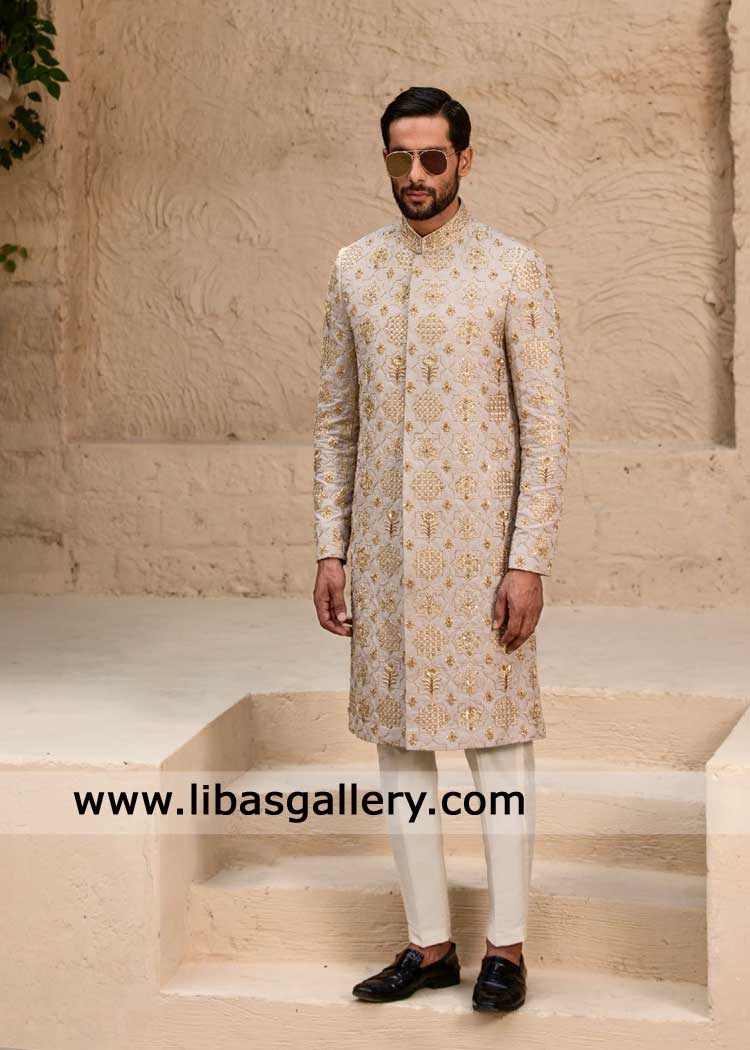 Beige hand embroidered wedding sherwani nikah