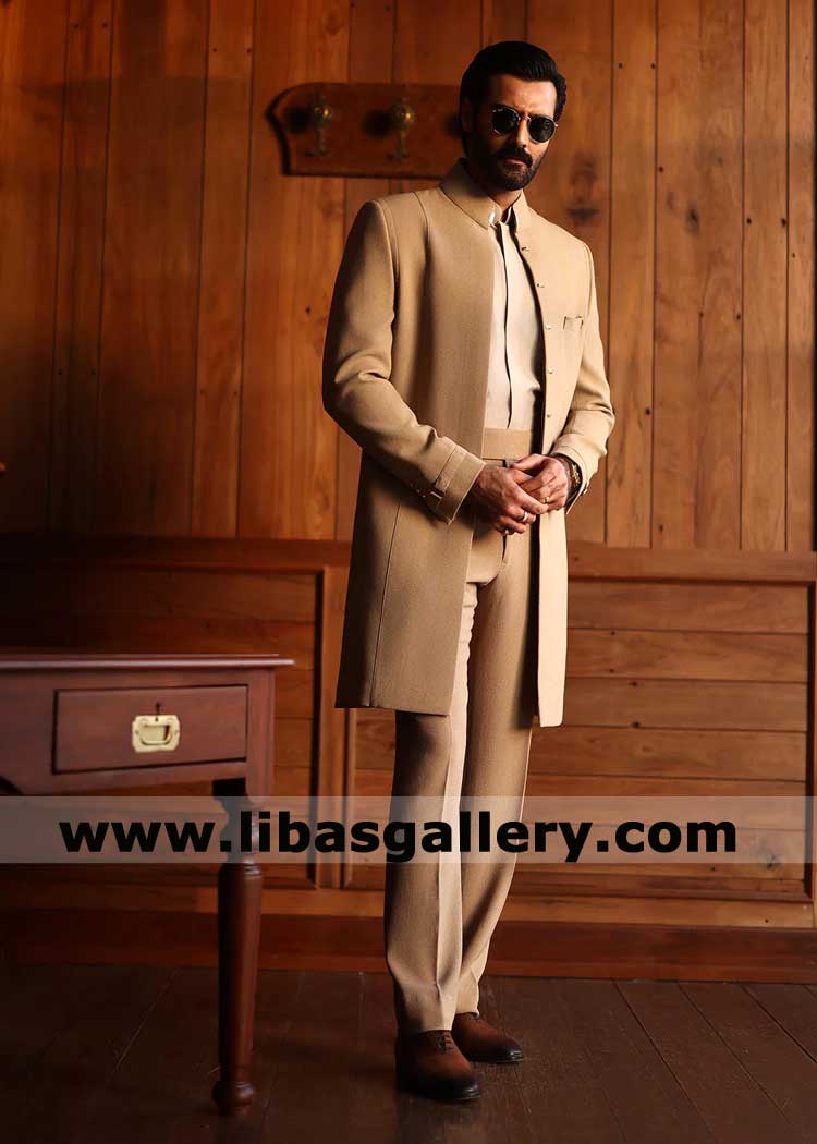 Beige Open Style Men Wedding Sherwani  