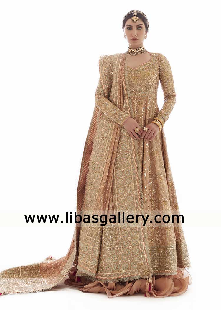 Bridal Peshwas beige rose gold with lehenga Washington USA Champagne gold work on bridal dress Bridal Lehenga and Dupatta with hand work border