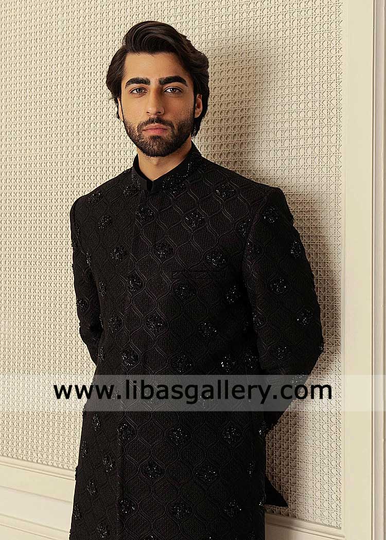 Jet Black Embroidered Groom Sherwani Hand Embellished