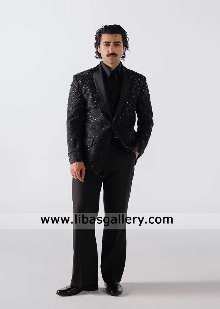 Bespoke Jet Black Micro-studded Embroidered Tuxedo