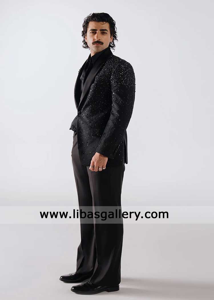 Bespoke Jet Black Micro-studded Embroidered Tuxedo