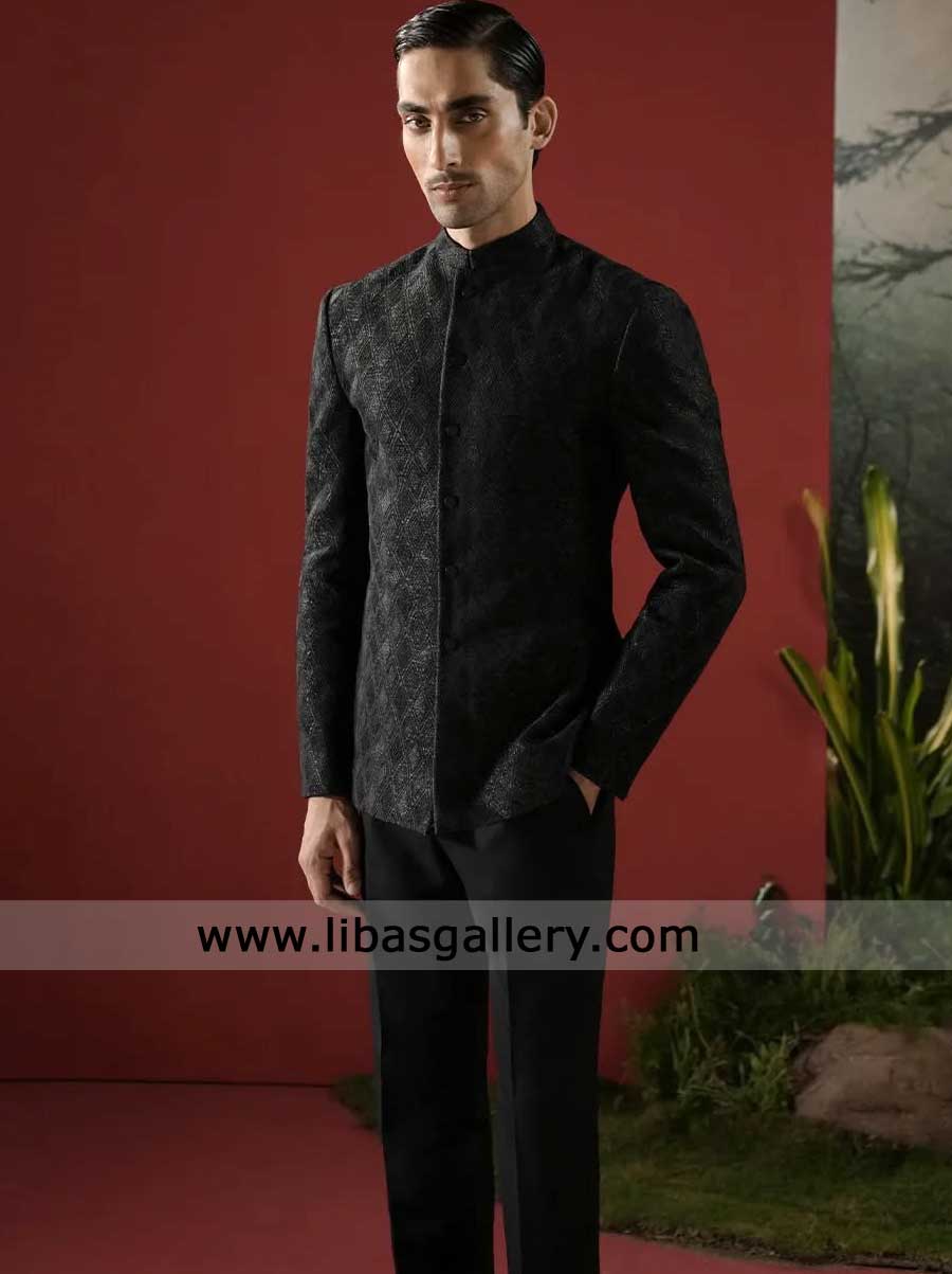 Black luxury self embroidered men prince coat each thread with perfection paired pants to look royal on occasion UK USA Canada Australia UAE