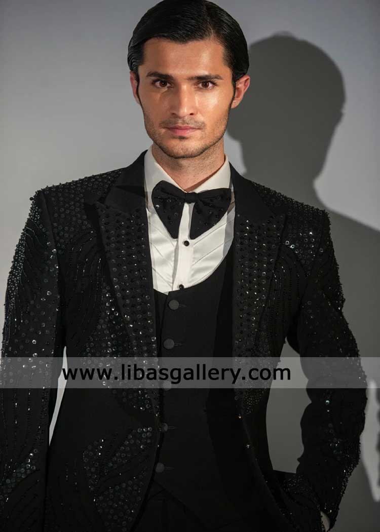 closeup of blqck embroidered tuxedo 